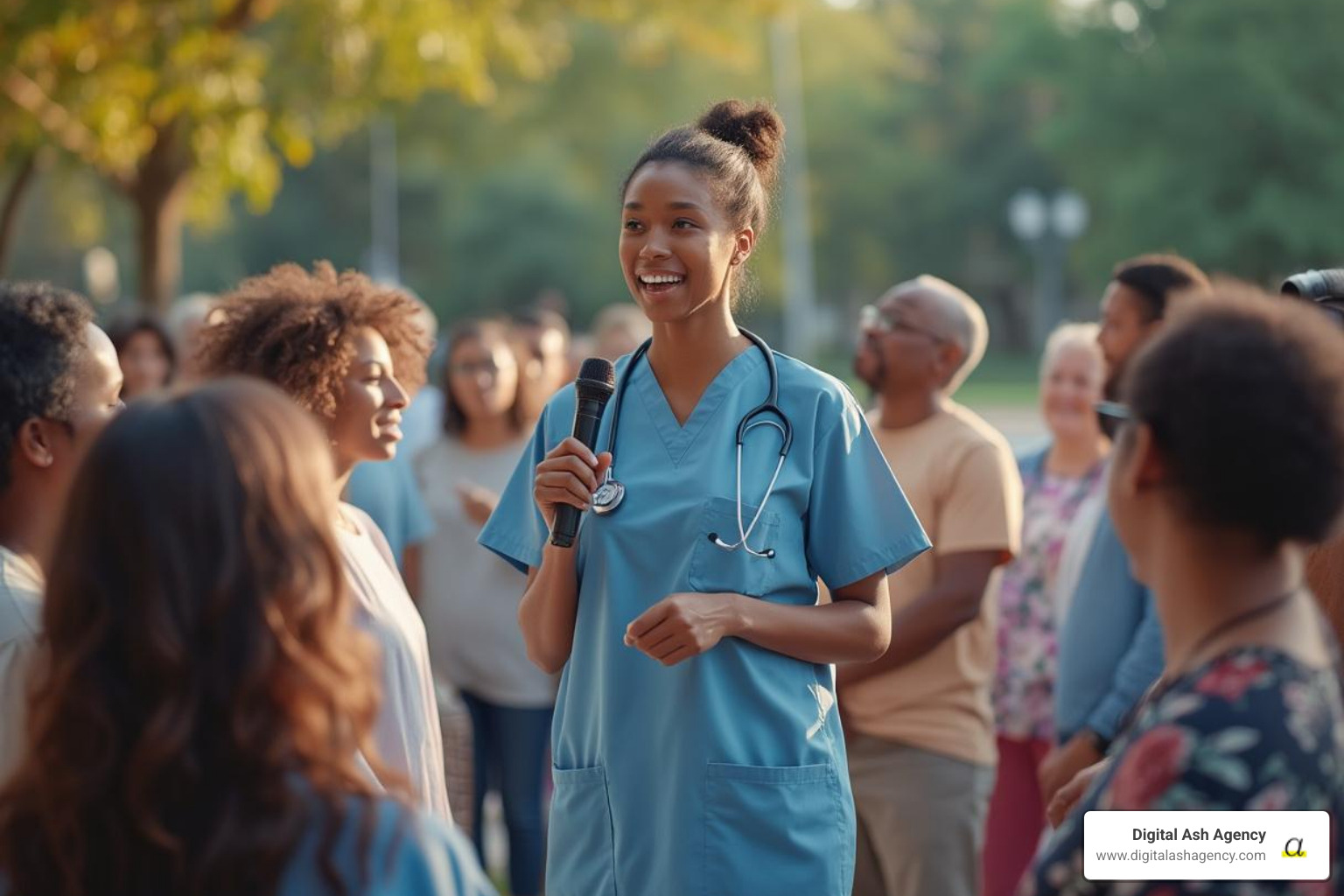 A healthcare professional speaking at a community health event - Healthcare brand identity A healthcare professional speaking at a community health event - Healthcare brand identity