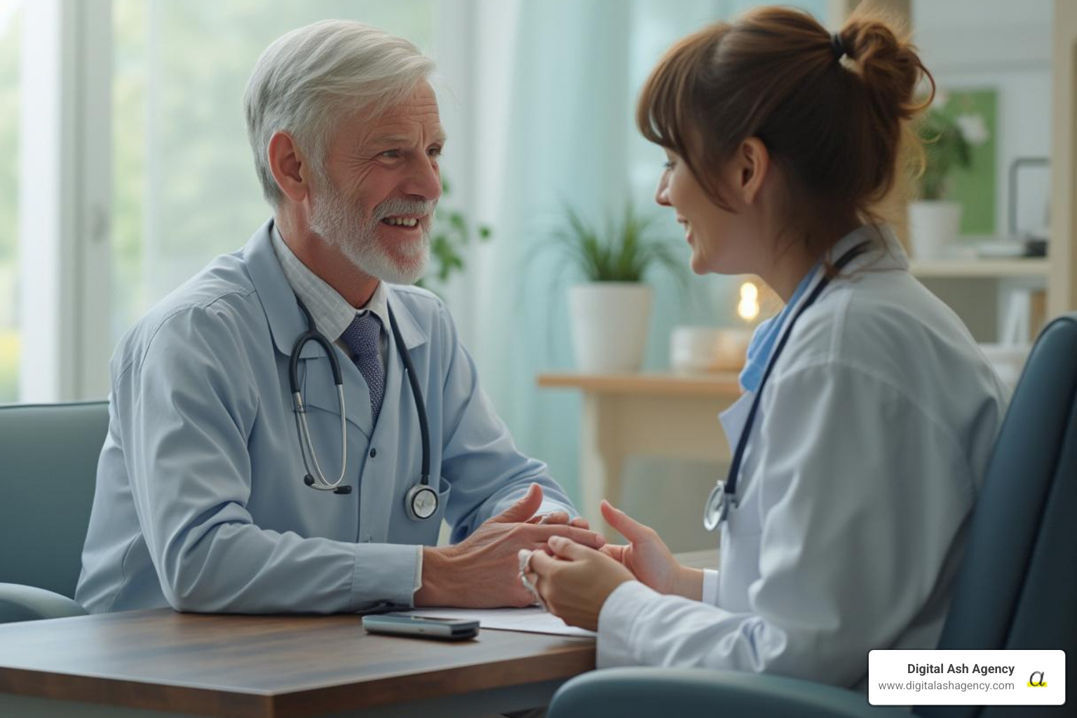 A patient having a positive and reassuring consultation with a doctor - Healthcare brand identity A patient having a positive and reassuring consultation with a doctor - Healthcare brand identity