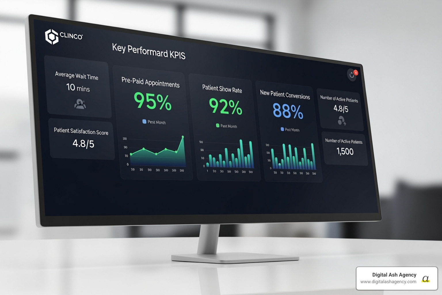 A dashboard displaying key performance indicators for a clinic, showing high numbers for "pre-paid appointments," "patient show rates," and "new patient conversions" - grow my clinic A dashboard displaying key performance indicators for a clinic, showing high numbers for "pre-paid appointments," "patient show rates," and "new patient conversions" - grow my clinic