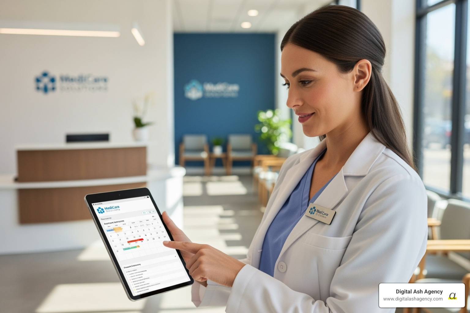 A clinic staff member confidently managing patient schedules and medical records on a tablet, demonstrating ease of use and modern technology integration - grow my clinic A clinic staff member confidently managing patient schedules and medical records on a tablet, demonstrating ease of use and modern technology integration - grow my clinic