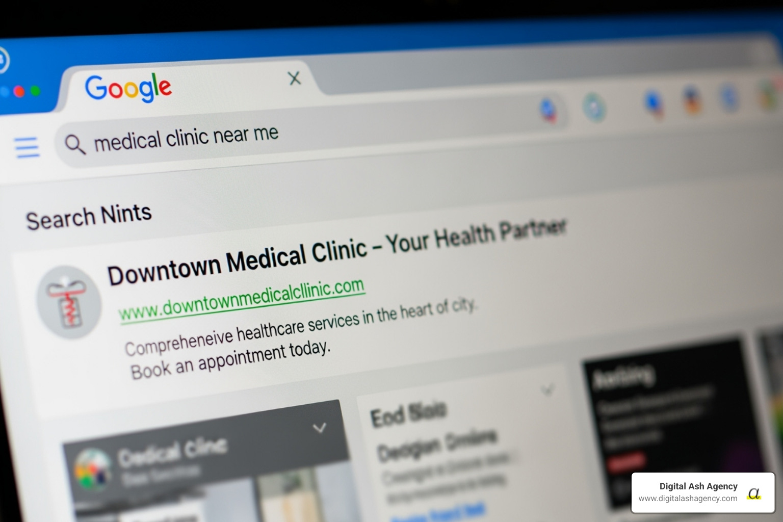 A laptop screen displaying a Google search results page with a clinic's website ranked at the top for a local search query - grow my clinic A laptop screen displaying a Google search results page with a clinic's website ranked at the top for a local search query - grow my clinic