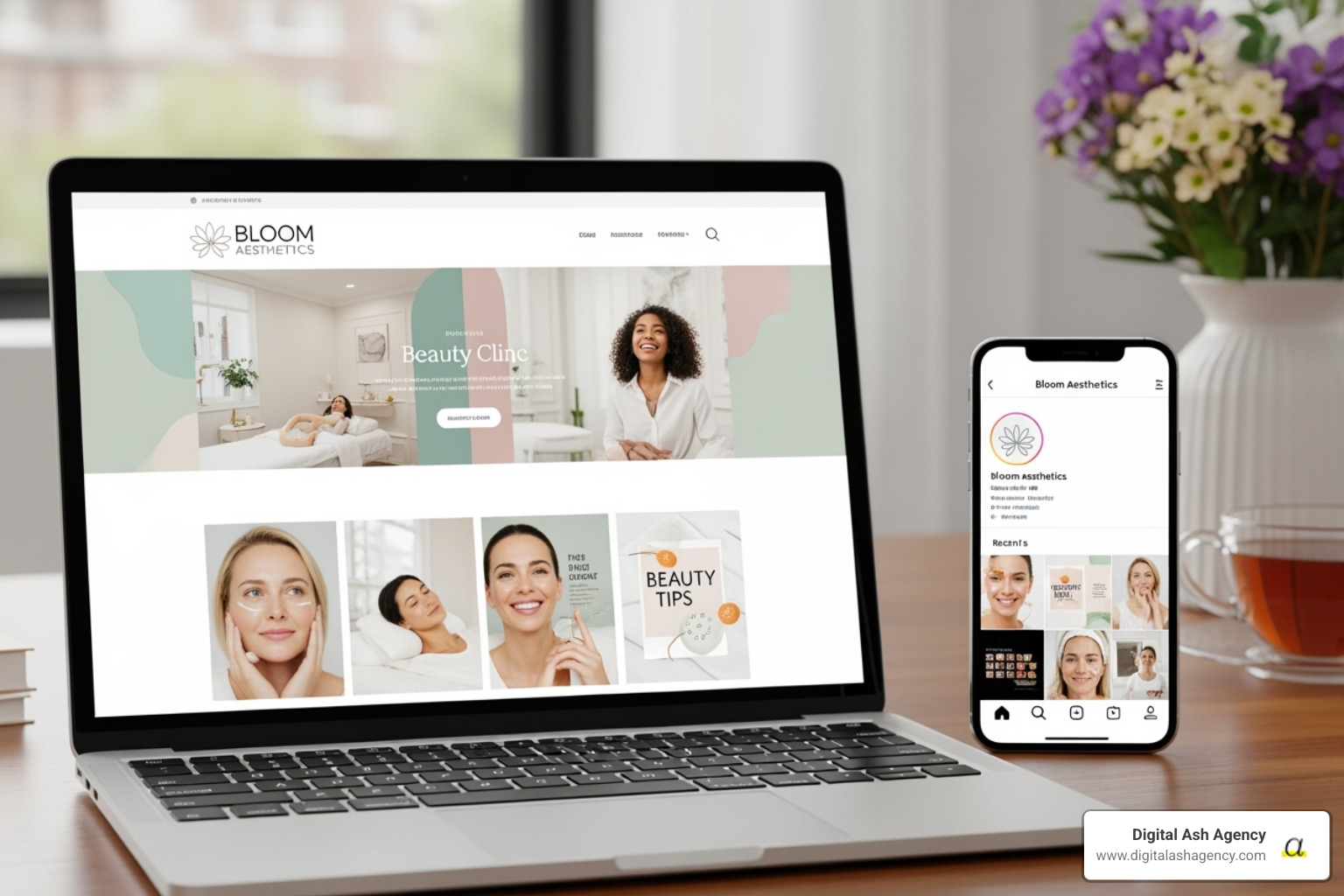 Aesthetic clinic's cohesive branding across a website and social media profile - Aesthetic clinic marketing