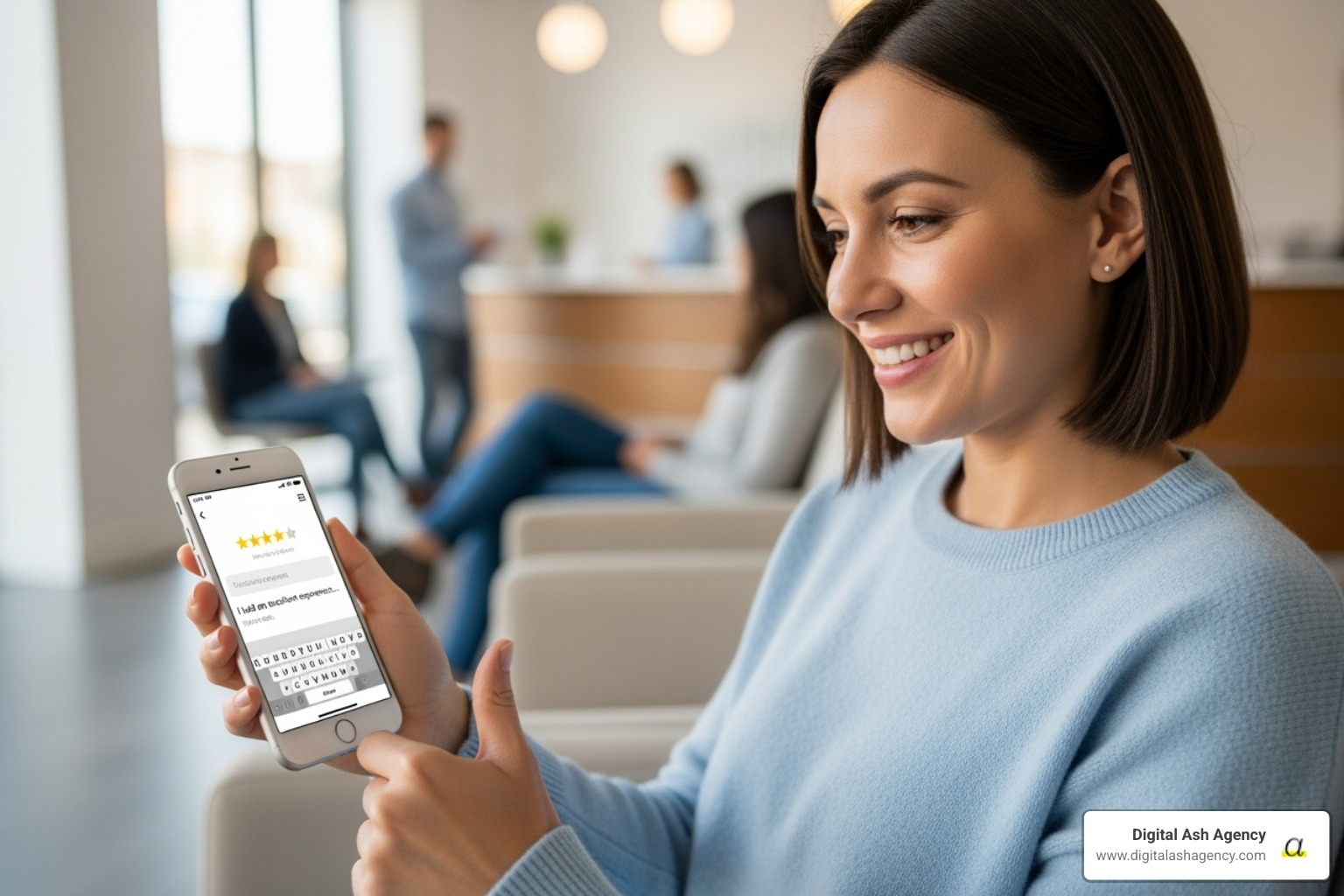 Patient leaving a positive review on a smartphone - Aesthetic clinic marketing