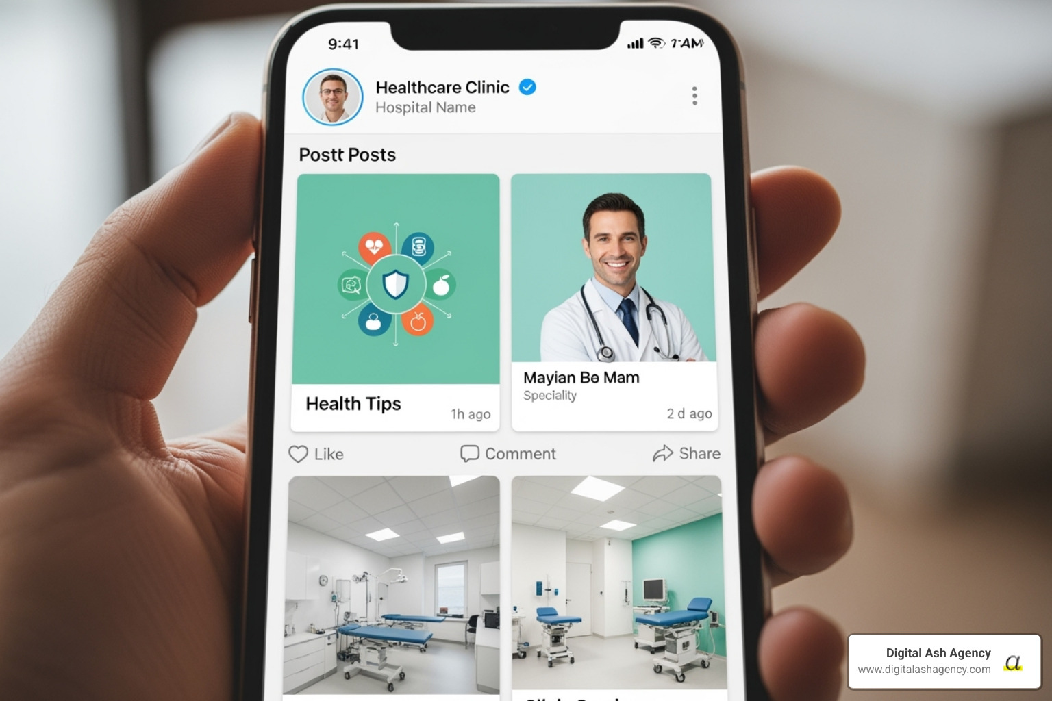 Smartphone displaying a healthcare practice's social media feed - Healthcare content marketing Smartphone displaying a healthcare practice's social media feed - Healthcare content marketing