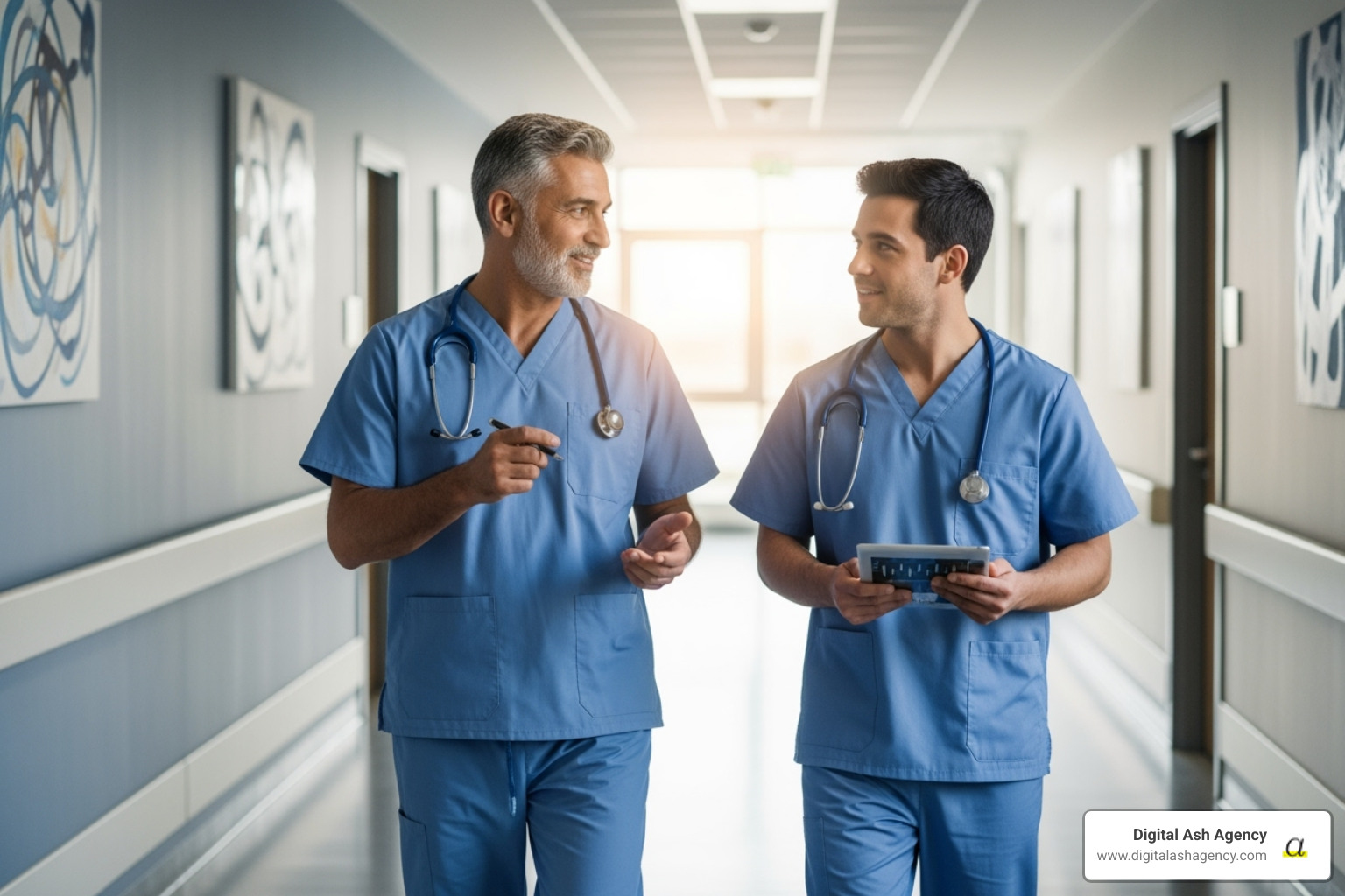 A mentor guiding a younger colleague in a hospital hallway, symbolizing professional development and support - Healthcare networking events A mentor guiding a younger colleague in a hospital hallway, symbolizing professional development and support - Healthcare networking events