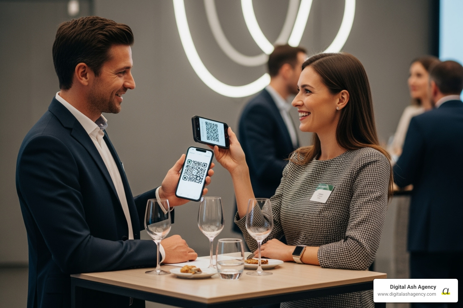 Two professionals exchanging contact information on their phones after a networking event - Healthcare networking events Two professionals exchanging contact information on their phones after a networking event - Healthcare networking events