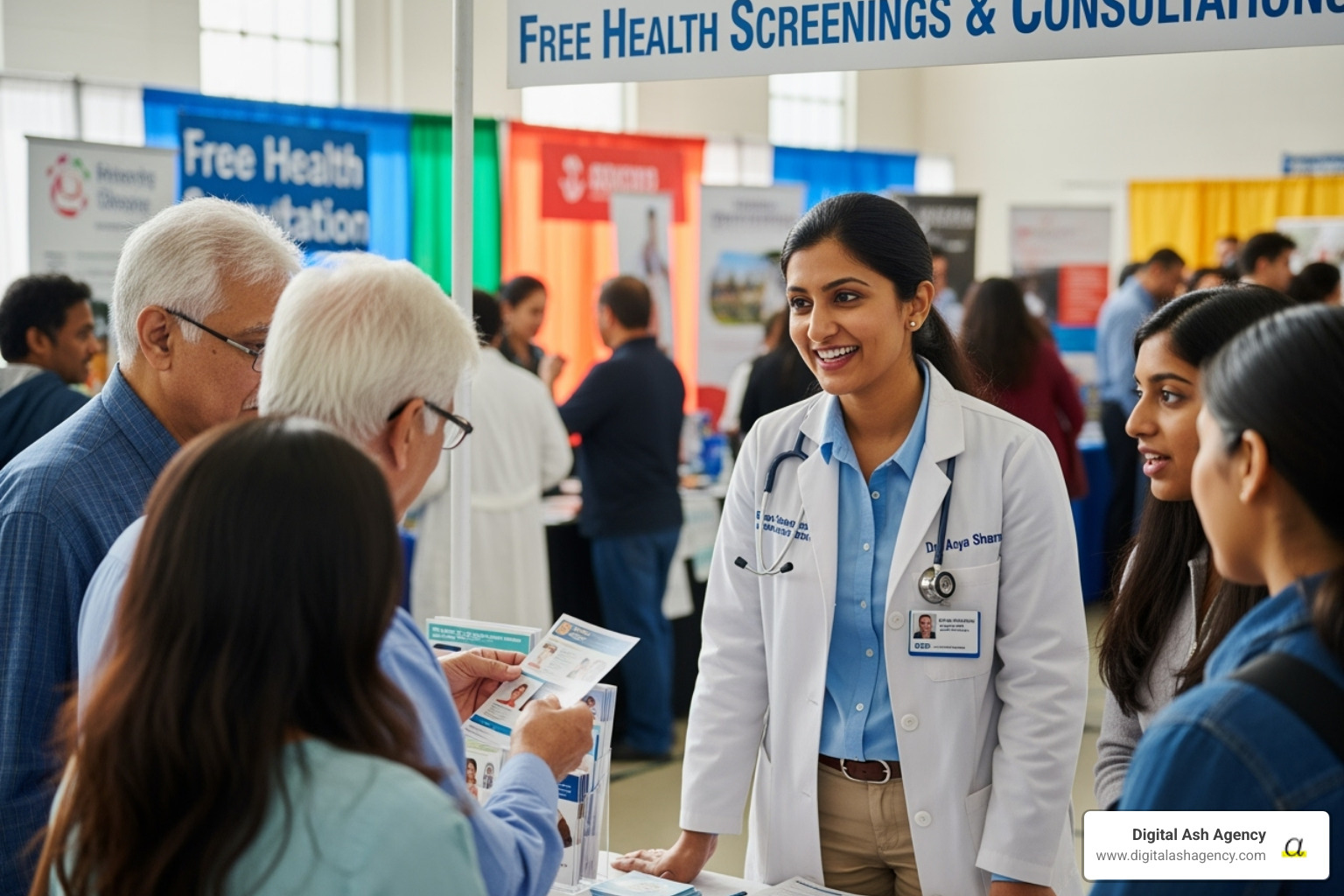 A doctor volunteering at a local health fair - attract new patients A doctor volunteering at a local health fair - attract new patients