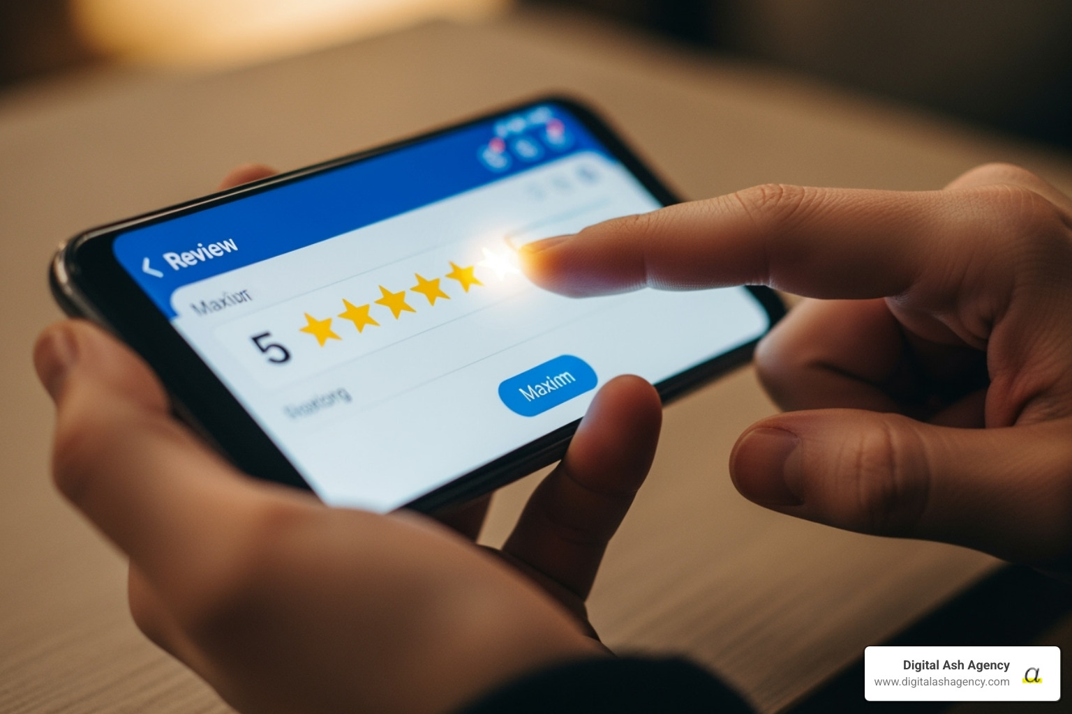 A patient leaving a 5-star review on a phone - attract new patients A patient leaving a 5-star review on a phone - attract new patients