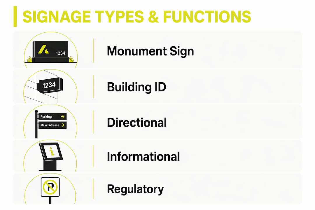 Infographic illustrating signage types and functions