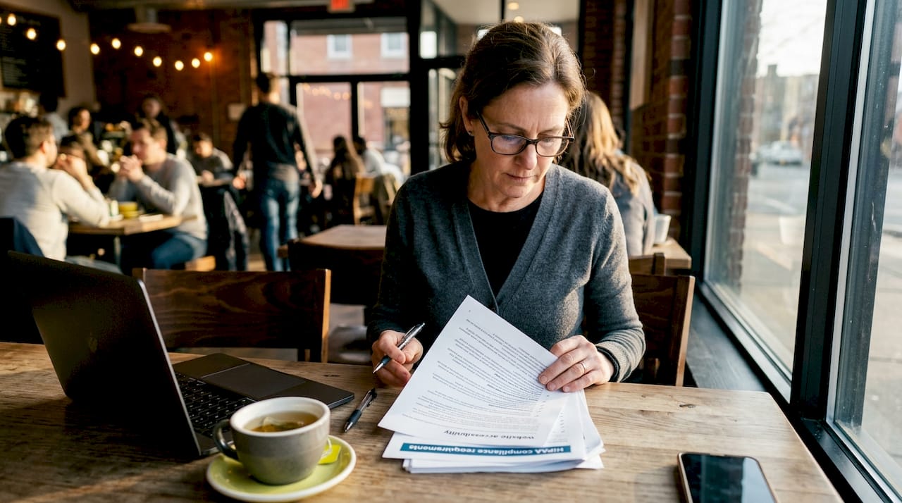 Woman reviewing compliance documents at desk