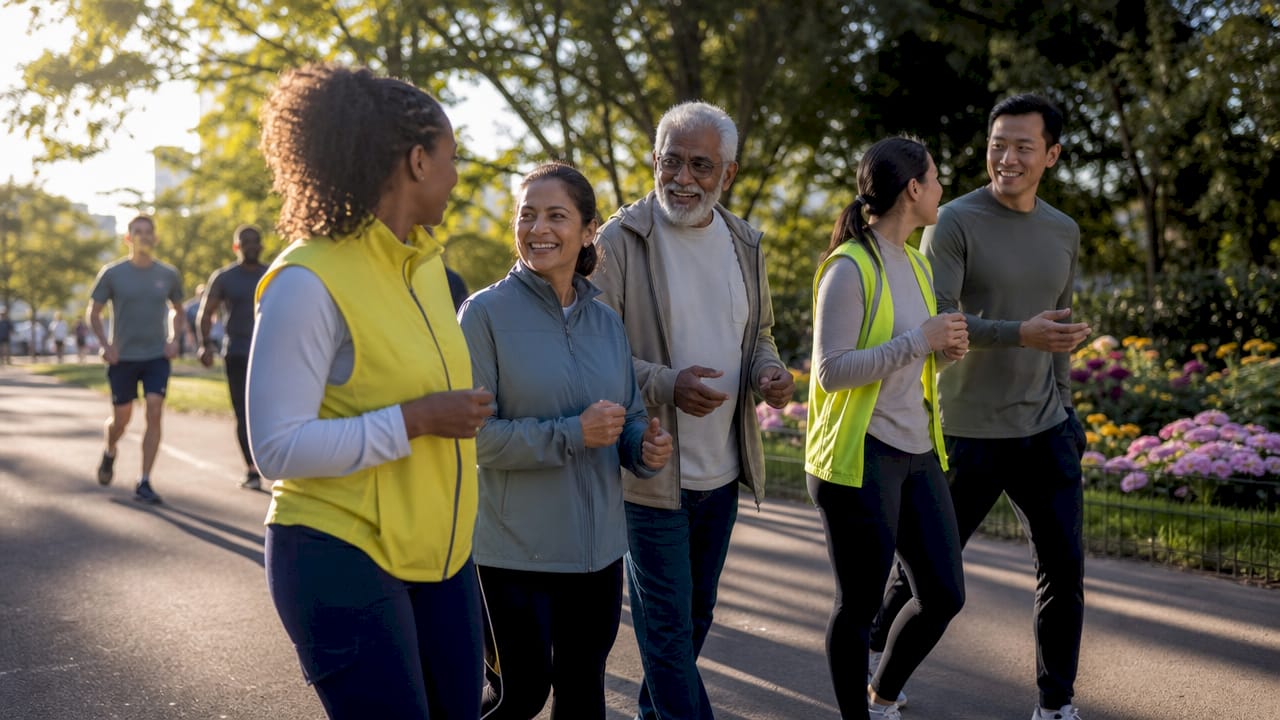 Doctors leading community walking group outdoors