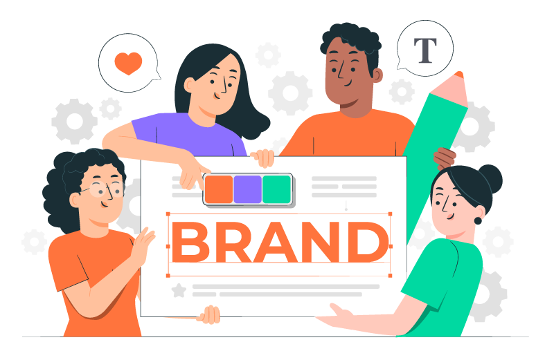 Illustration of a creative team collaborating on a branding project, selecting colors, typography, and design elements — representing a professional branding agency.