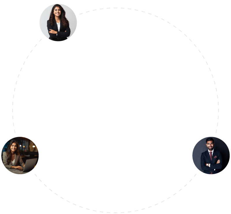 Graphic showing three user profile photos connected in a dotted circular path, symbolizing audience engagement and interaction—ideal for a social media marketing services section on a digital marketing agency website.