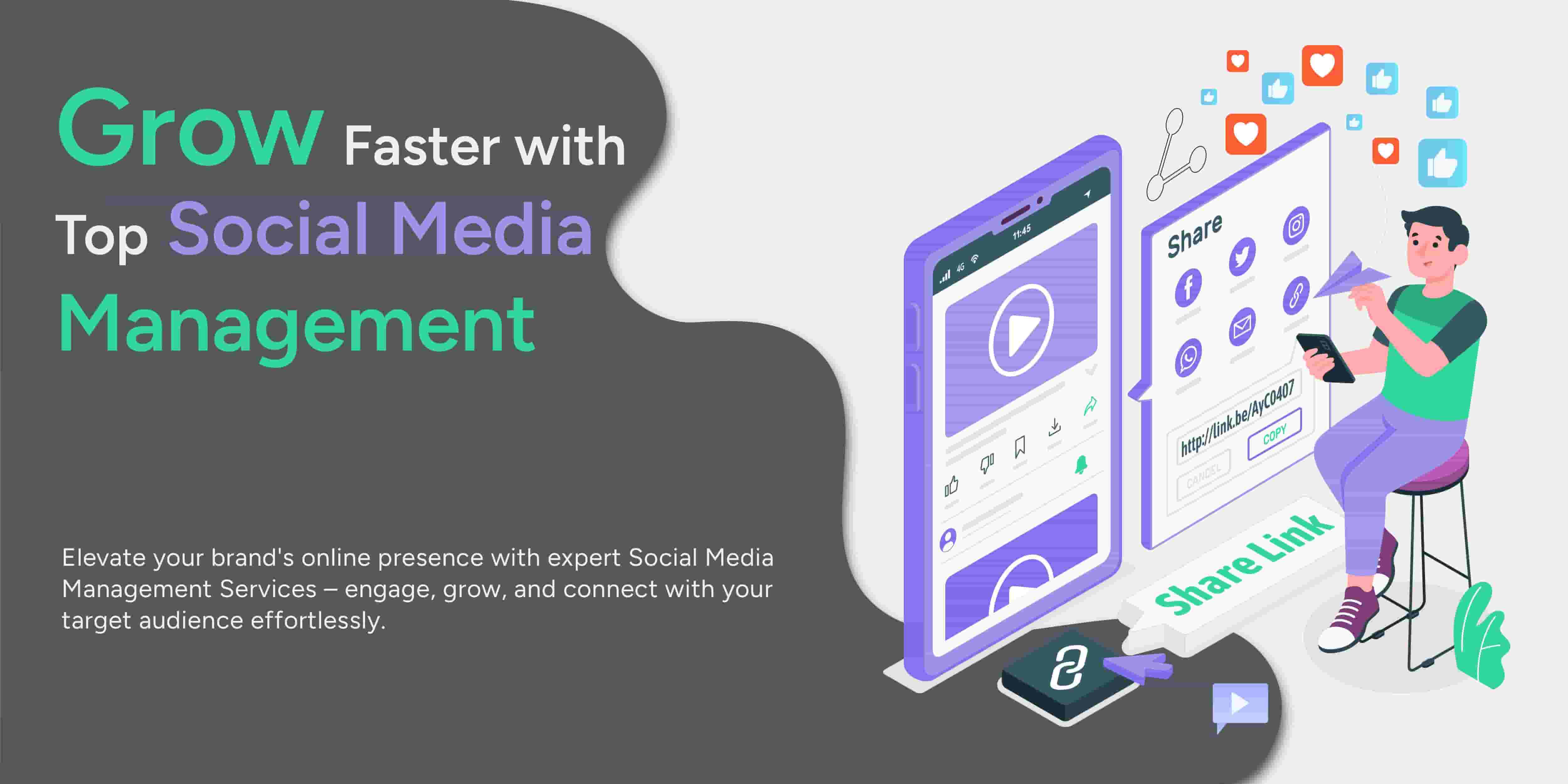Infographic showcasing top social media management services: content creation, scheduling, analytics, and engagement strategies.