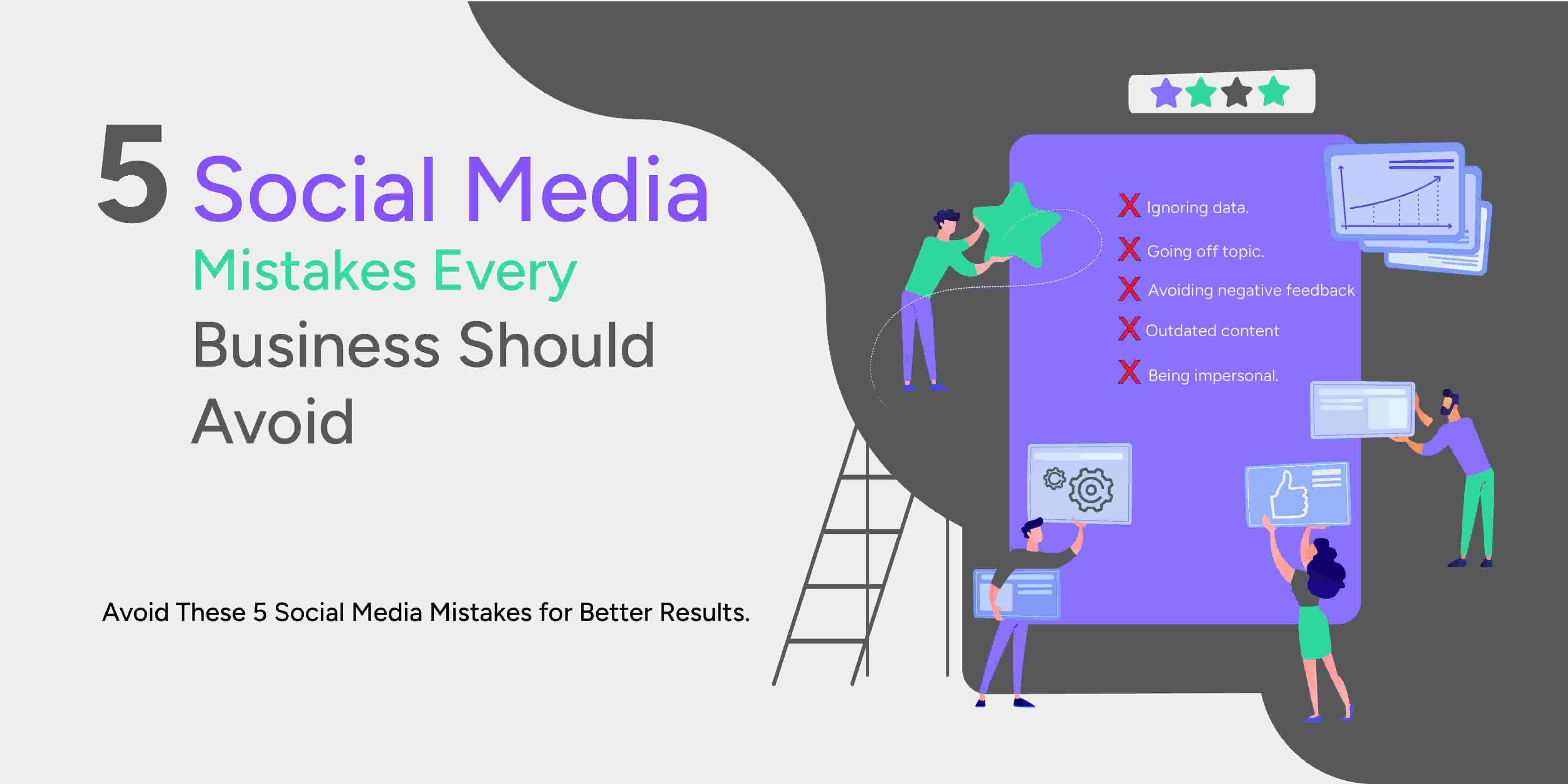 Infographic illustrating 5 social media mistakes businesses often make, such as poor content strategy, lack of consistency, and ignoring user feedback.