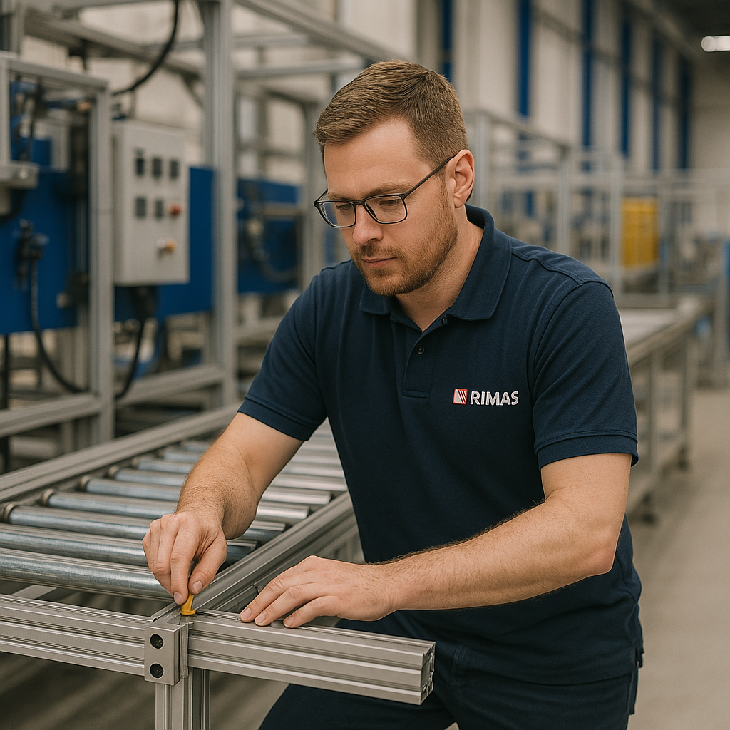 Man met bril die onderdelen assembleert op een industriële lopende band in een fabriekshal.