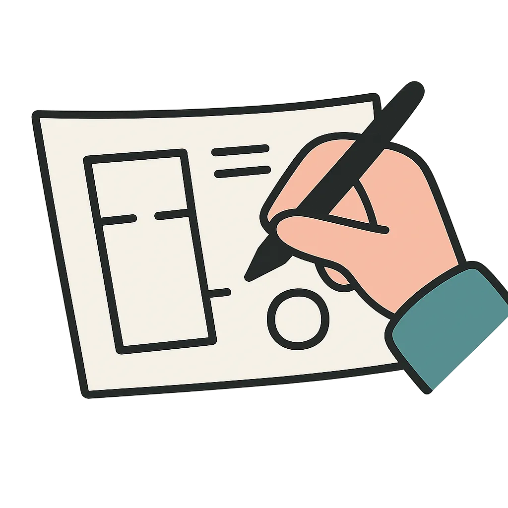 An icon illustration of a hand writing on a paper form with a pen.