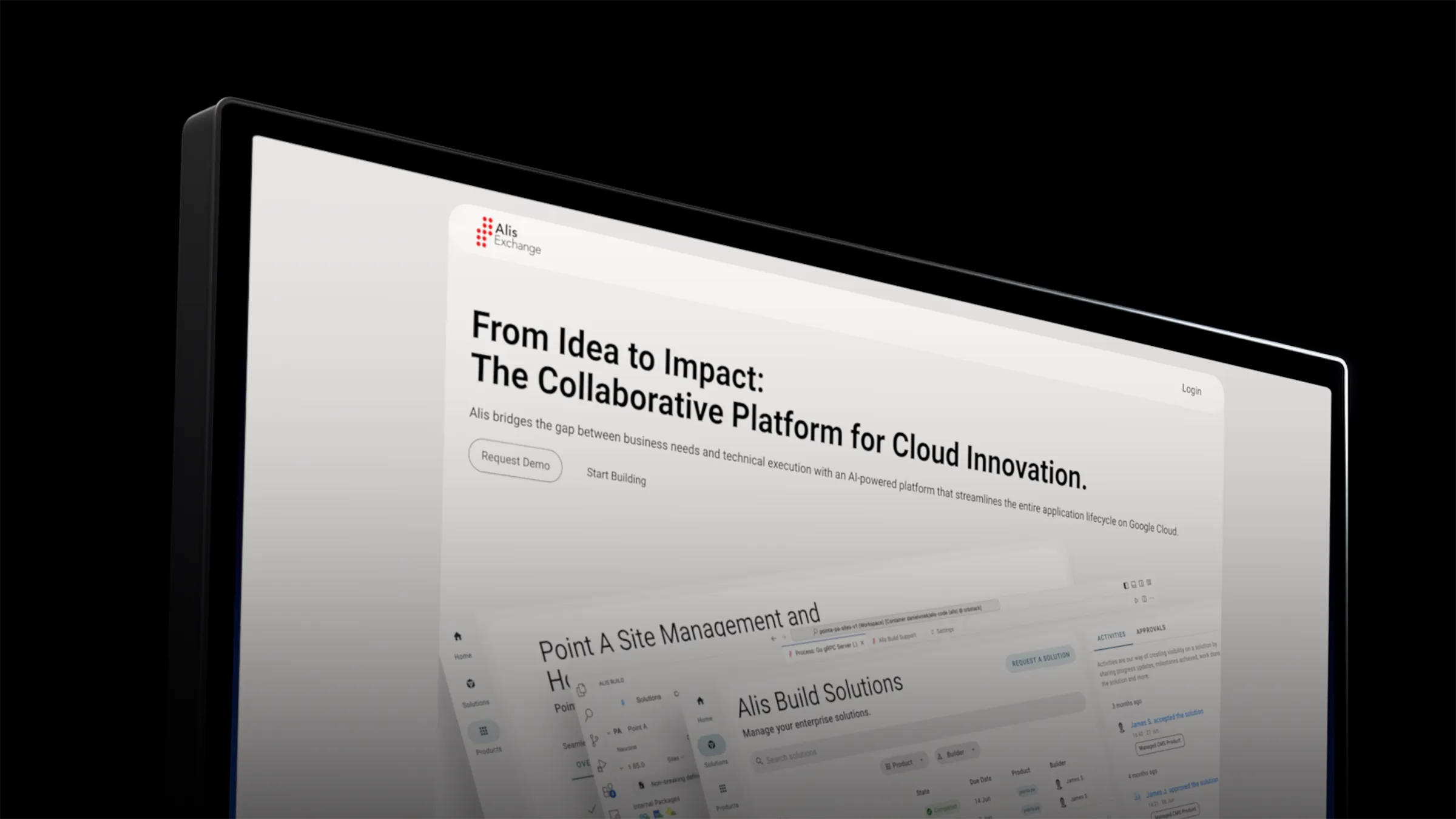 Close-up of a monitor displaying the Alis Exchange platform with text highlighting a collaborative cloud innovation platform and interface elements for site management and enterprise solutions.