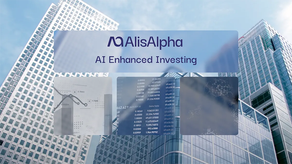 AlisAlpha logo with the text 'AI Enhanced Investing' overlaid on a cityscape of modern glass skyscrapers with data and network graphics.