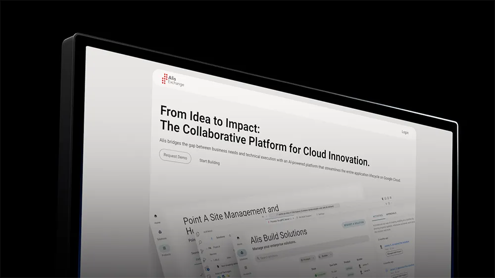 Computer screen displaying Alis Exchange platform with text about collaborative cloud innovation and enterprise solutions.