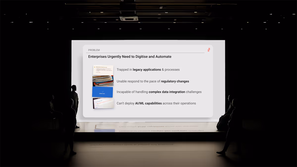 Presentation slide titled 'Enterprises Urgently Need to Digitise and Automate' listing challenges: legacy applications, regulatory changes, complex data integration, and AI/ML deployment issues.