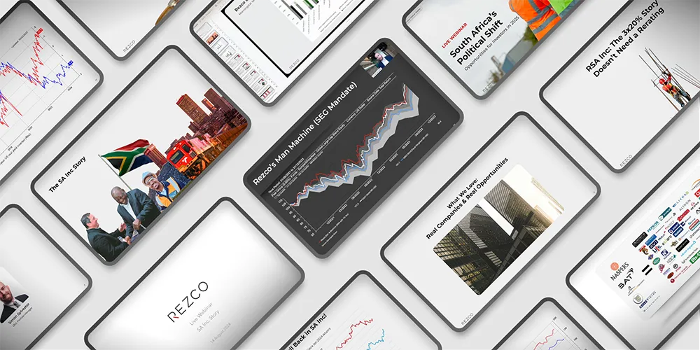 Multiple tilted slides showing charts, graphs, and images related to Rezco's South Africa political and business insights presentation.