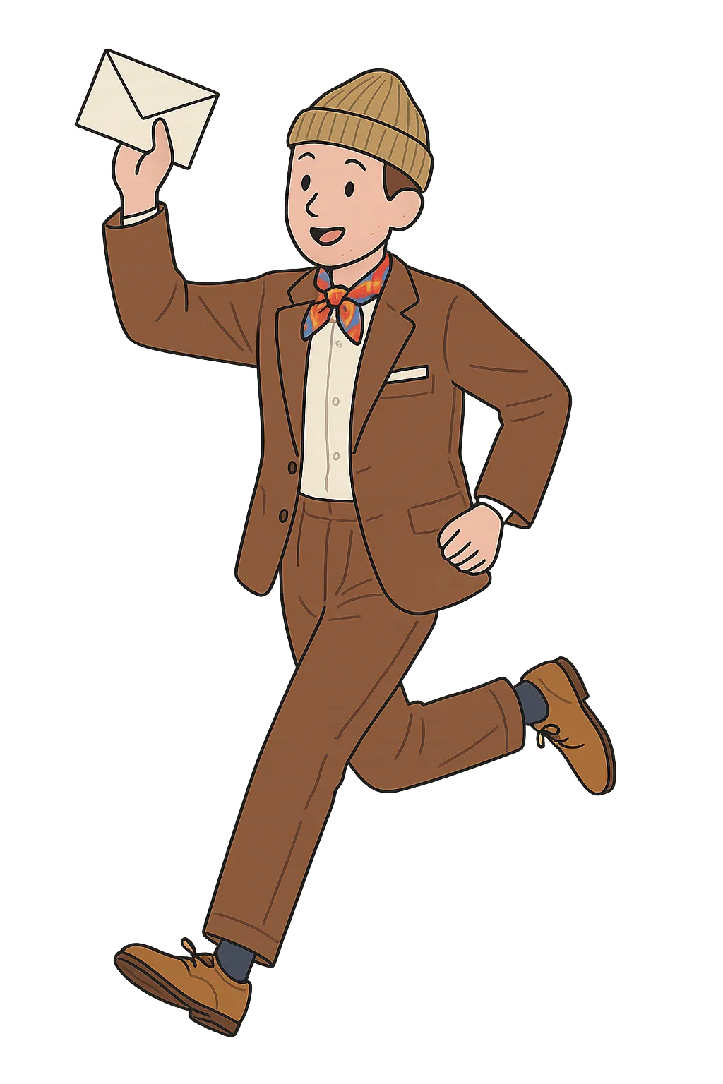 Illustration of a smiling man in a brown suit, beanie, and bow tie running while holding an envelope.