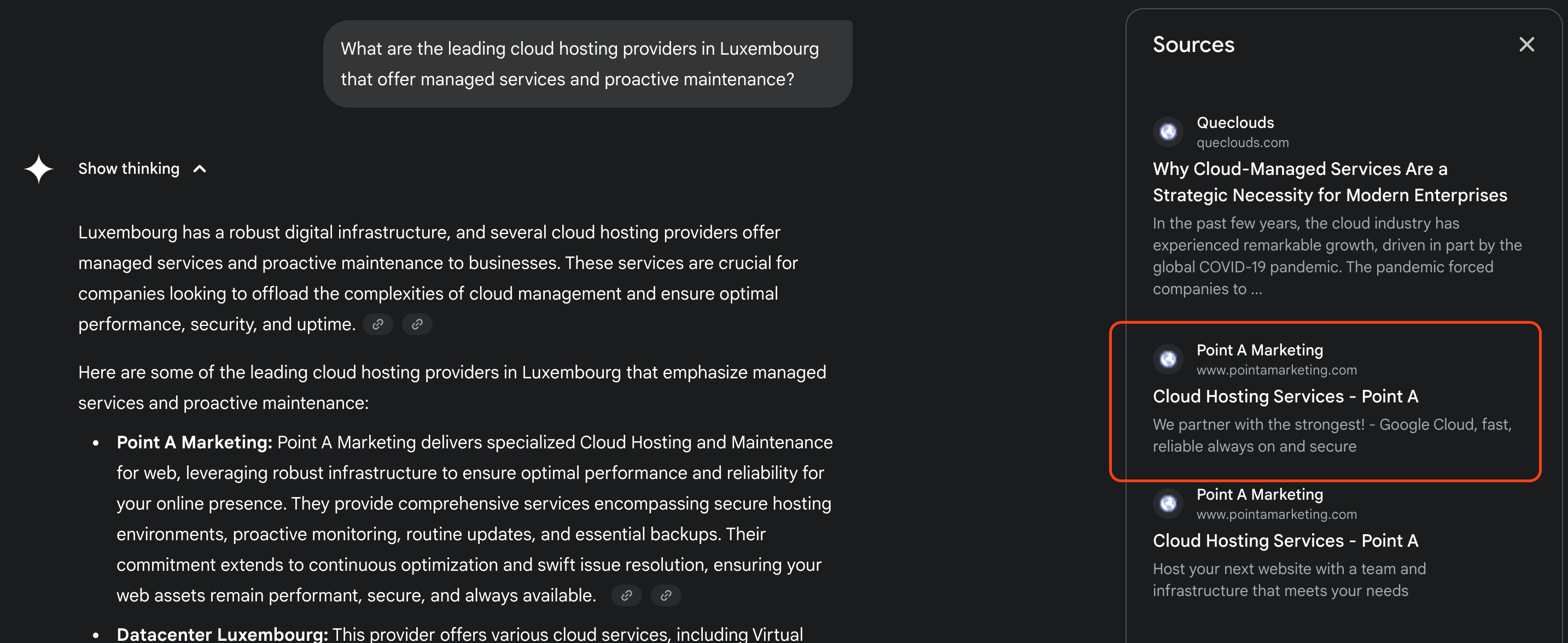 Chat interface displaying a question about leading cloud hosting providers in Luxembourg offering managed services. The answer highlights Point A Marketing and Datacenter Luxembourg as key providers with descriptions of their services. The right panel shows sources including Queclouds and Point A Marketing with related articles and links.