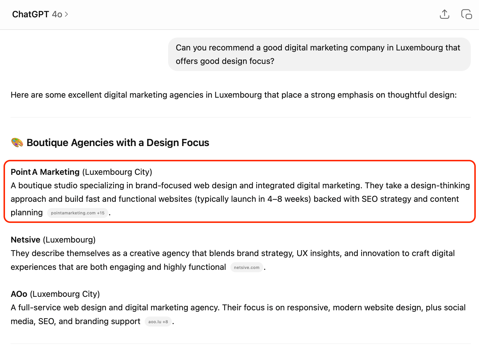 Screenshot of ChatGPT 4 conversation recommending boutique digital marketing agencies in Luxembourg with a design focus, highlighting Point A Marketing as a brand-focused web design studio offering integrated digital marketing and SEO strategy.