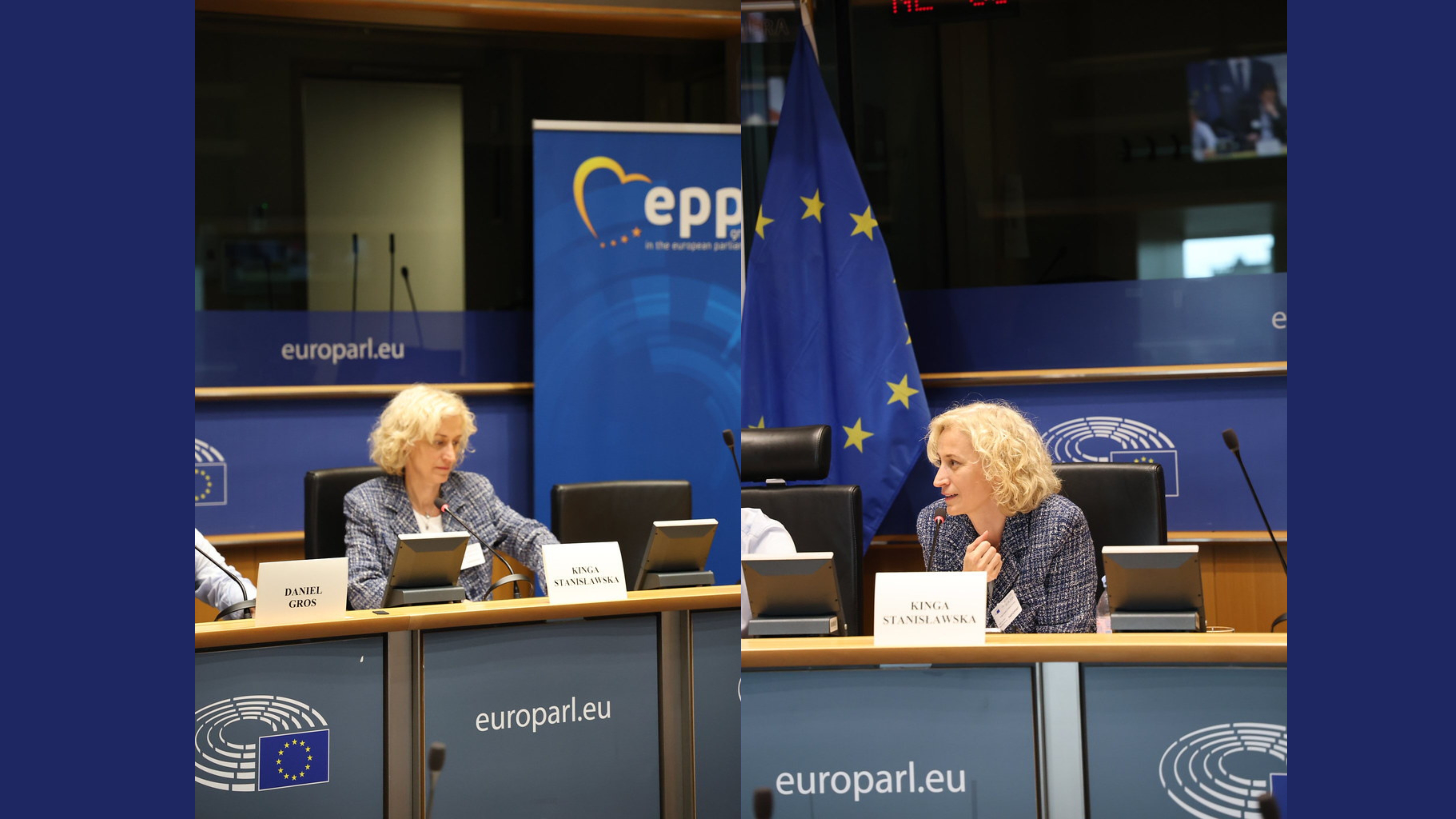 Two photos of a woman speaking at a European Parliament panel, with an EU flag and EPP banner in the background