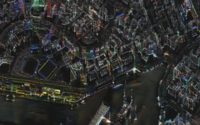 Satellite image of a city at night showing lights