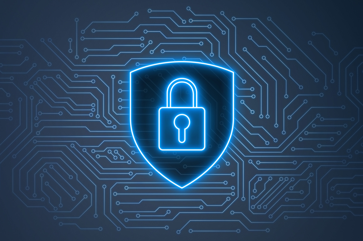 Illustration of a glowing padlock and shield icon on a circuit board background, representing cybersecurity