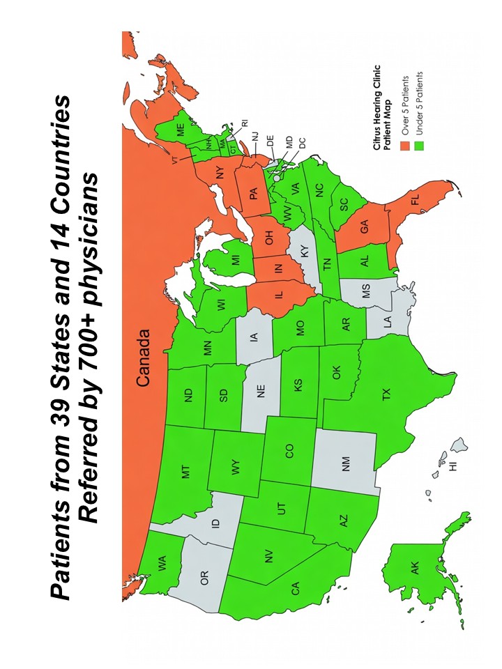 US map showing Citrus Hearing Clinic patient distribution by state with orange for over 5 patients and green for under 5 patients.