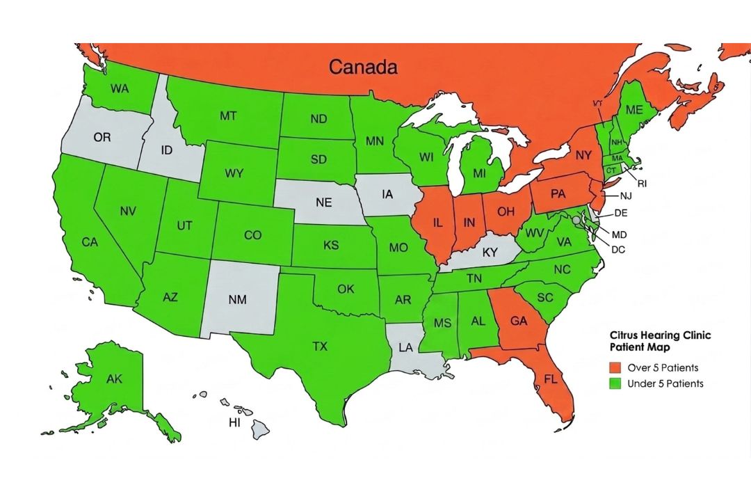 US map showing Citrus Hearing Clinic patient distribution by state with orange for over 5 patients and green for under 5 patients.