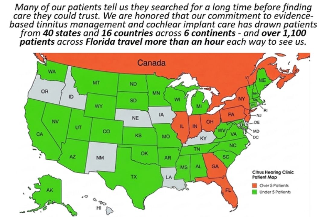 US map showing Citrus Hearing Clinic patient distribution by state with orange for over 5 patients and green for under 5 patients.