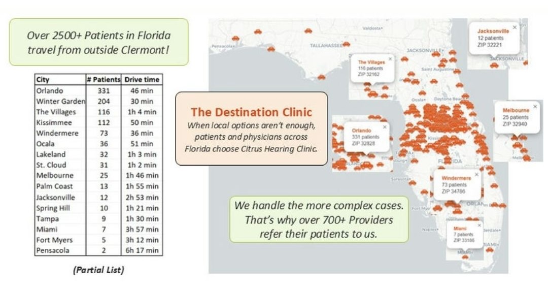 US map showing Citrus Hearing Clinic patient distribution by state with orange for over 5 patients and green for under 5 patients.