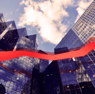 Skyline with a red data stream.