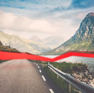 Street next to a river with a red data stream flowing through the picture.