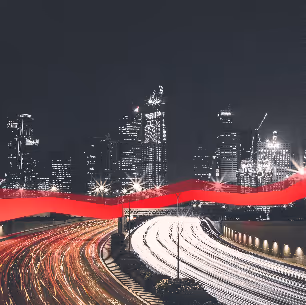 Skyline with a red data stream.