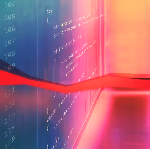 Hallway with brightly lit walls with programming code and a red data string.