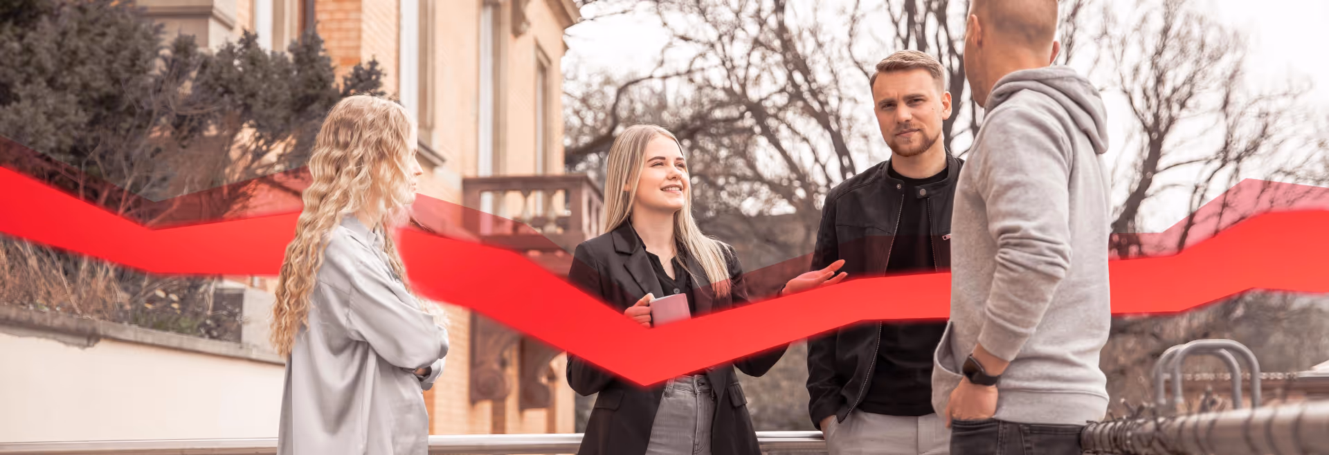 Four people are standing in front of an old building and talking, and a string of red data runs through between them.