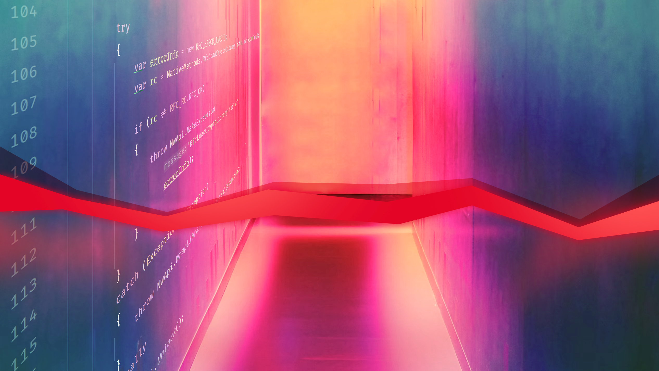 Hallway with brightly lit walls with programming code and a red data string.