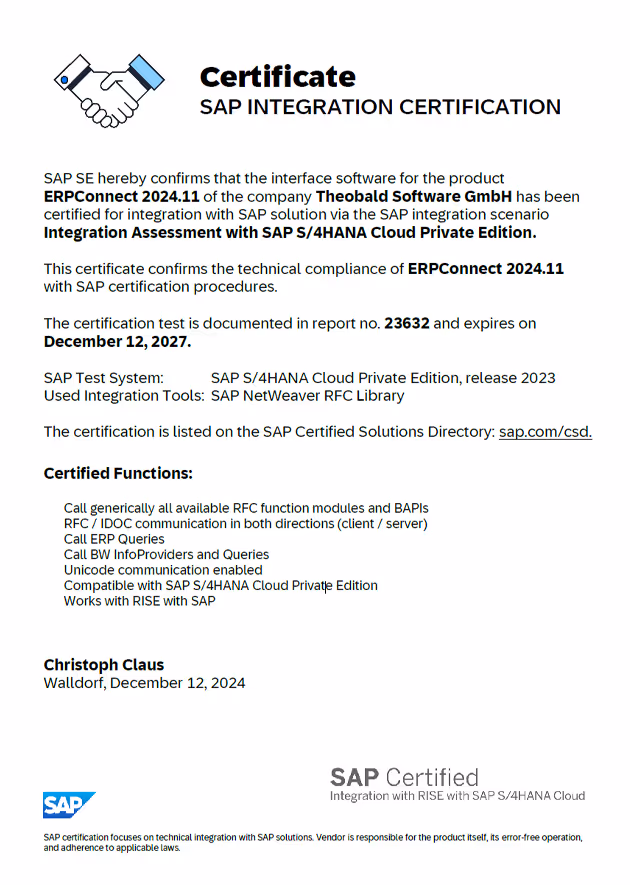 SAP certificate for ERP Connect, an SAP interface from Theobald Software.