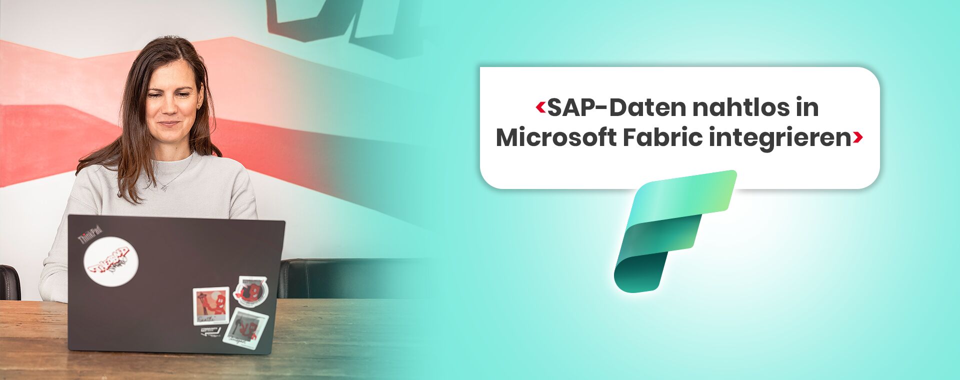 Woman sitting at her laptop and standing next to her is “Integrate SAP data seamlessly into Microsoft Fabric.”