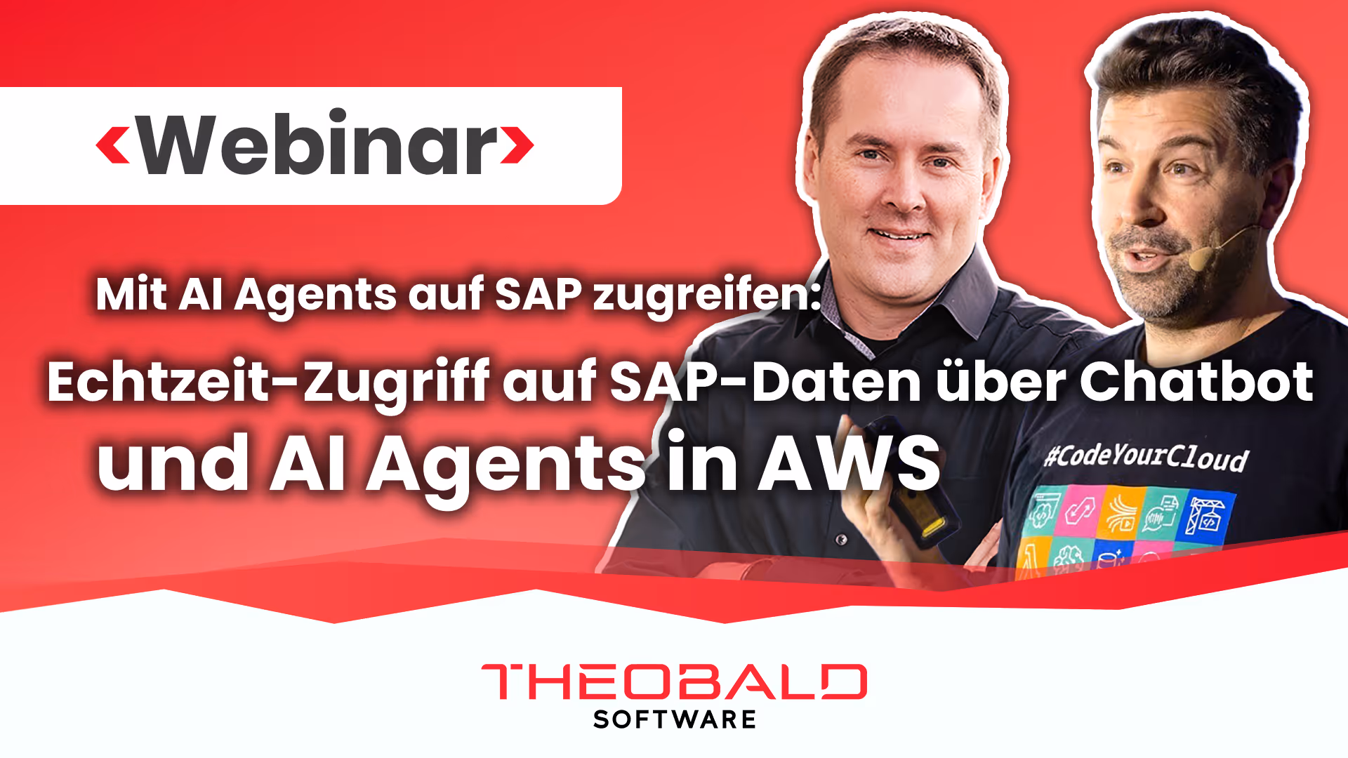 Thumbnail von einem Webinar zur Echtzeit-Datenzugriff auf SAP über Chatbot und AI Agents in AWS mit zwei sprechenden Männern vor rotem Hintergrund.