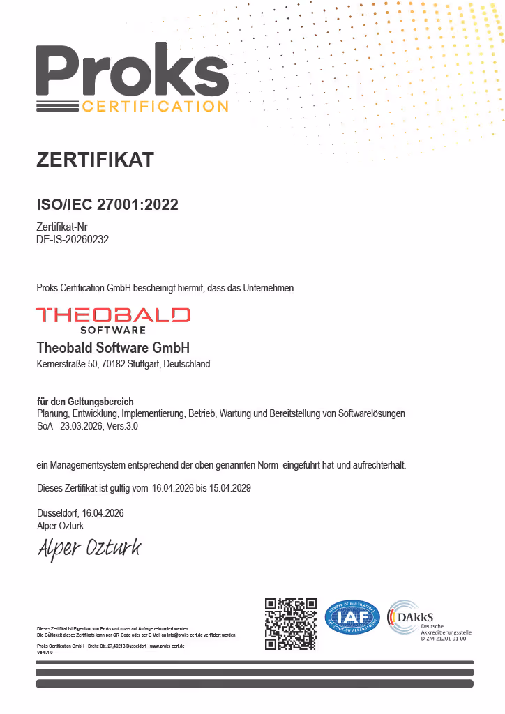 Zertifikat der Proks Certification GmbH für Theobald Software GmbH in Stuttgart, gültig von 16.04.2026 bis 15.04.2029, für ISO/IEC 27001:2022 im Bereich Softwarelösungen.