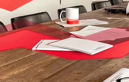A conference table with documents and coffee mugs, with a red data strand.