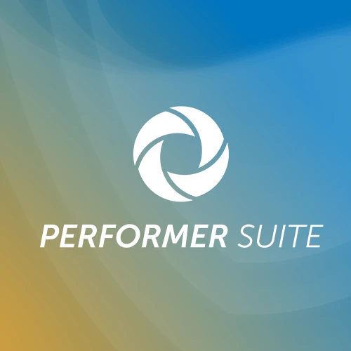 Logo der Performer Suite mit weißem stilisiertem Kreis und Text auf blau-gelb verlaufendem Hintergrund.