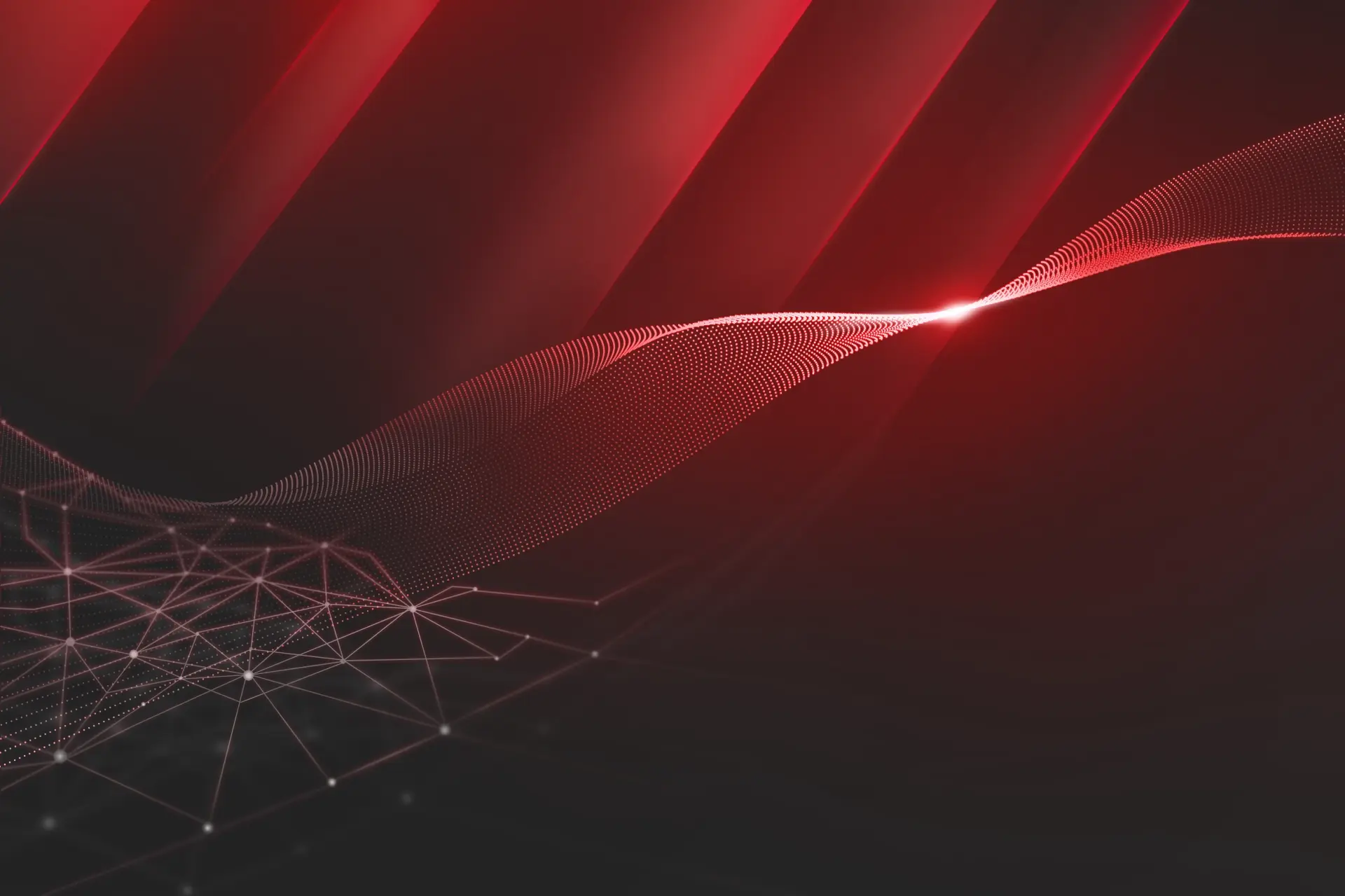 Abstract illustration with red diagonal light strips and a flowing, dotted wave pattern that stretches across a network of white lines and dots against a dark background.