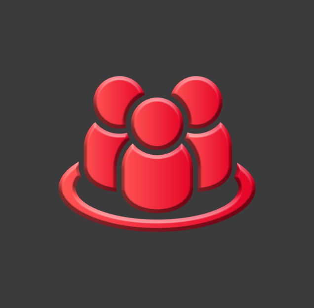 Drei stilisierte rote Figuren im Kreis symbolisieren Gemeinschaft oder Team.